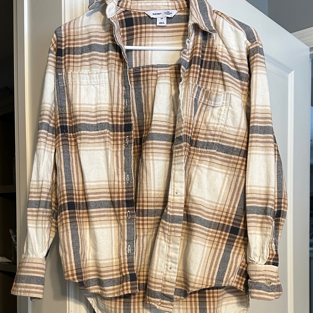Old Navy Women’s Cream, Brown & Gray Plaid Button-Down Shirt